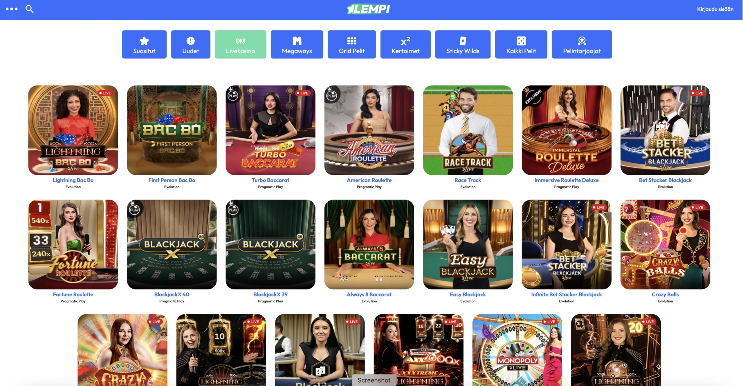 Lempi Kasino Live games